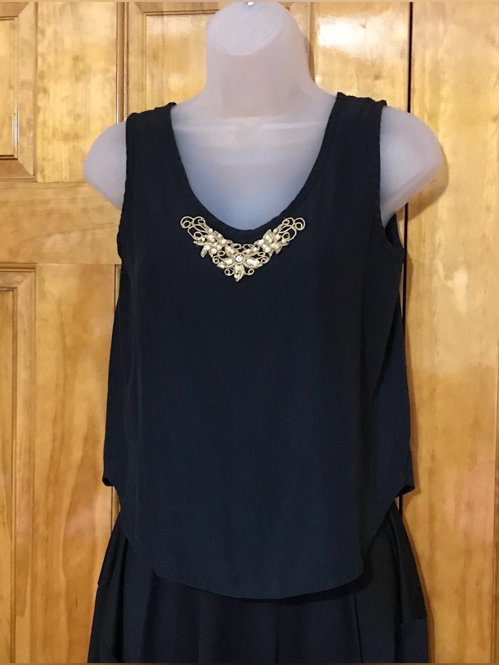 Langtry Dressy Black Tank Top Blouse w/ Gold & Pearl Embellishment
Camisole
Ladi